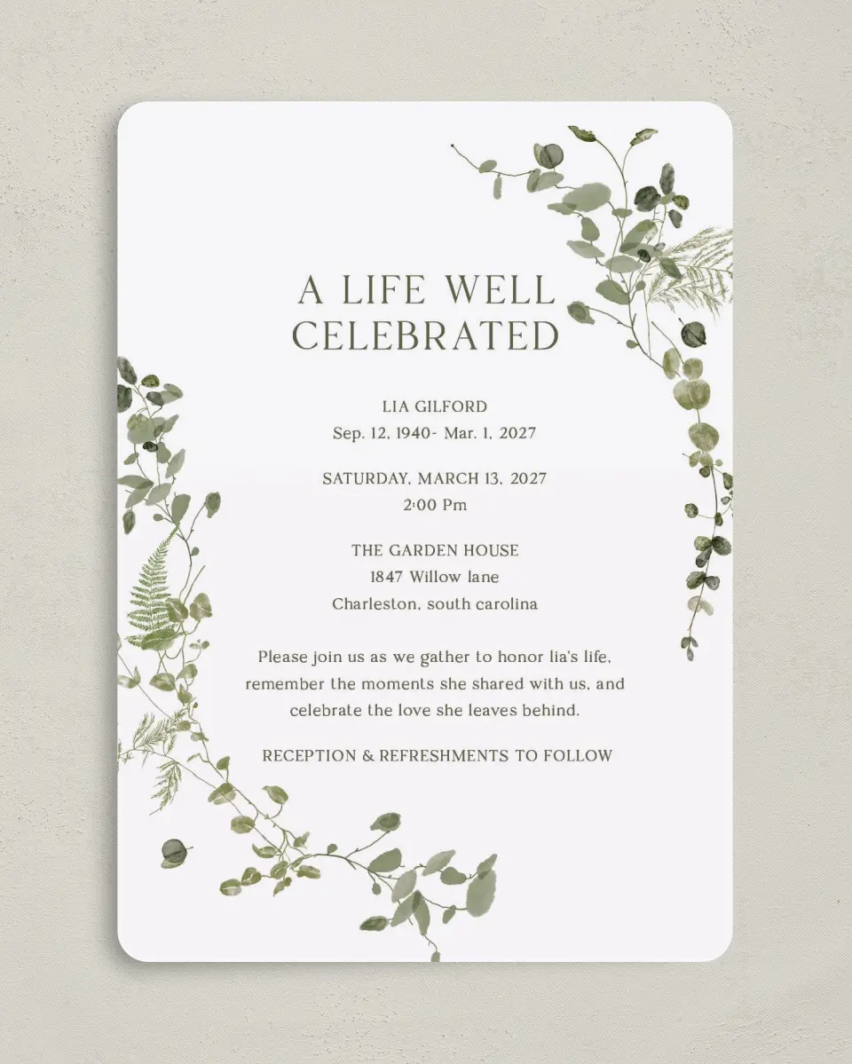 This is a 5" x 7" Celebration of Life Invitation called Life Legacy printed in full color with Rose Gold foil on Luxe Satin (coated) paper