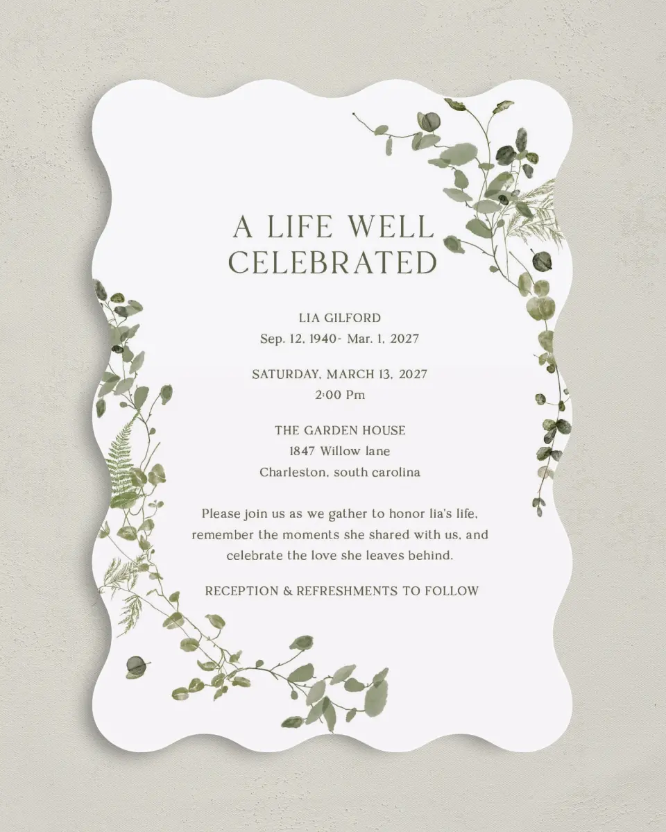 This is a 5" x 7" Celebration of Life Invitation called Life Legacy printed in full color with Rose Gold foil on Luxe Satin (coated) paper