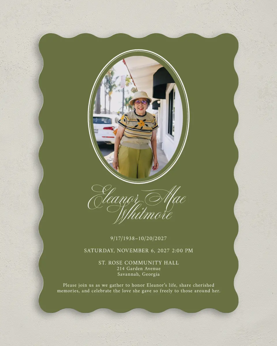 This is a 5" x 7" Celebration of Life Invitation called In Remembrance printed in full color with Silver foil on Luxe Satin (coated) paper