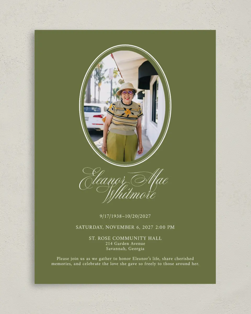 This is a 5" x 7" Celebration of Life Invitation called In Remembrance printed in full color on Premium Smooth paper