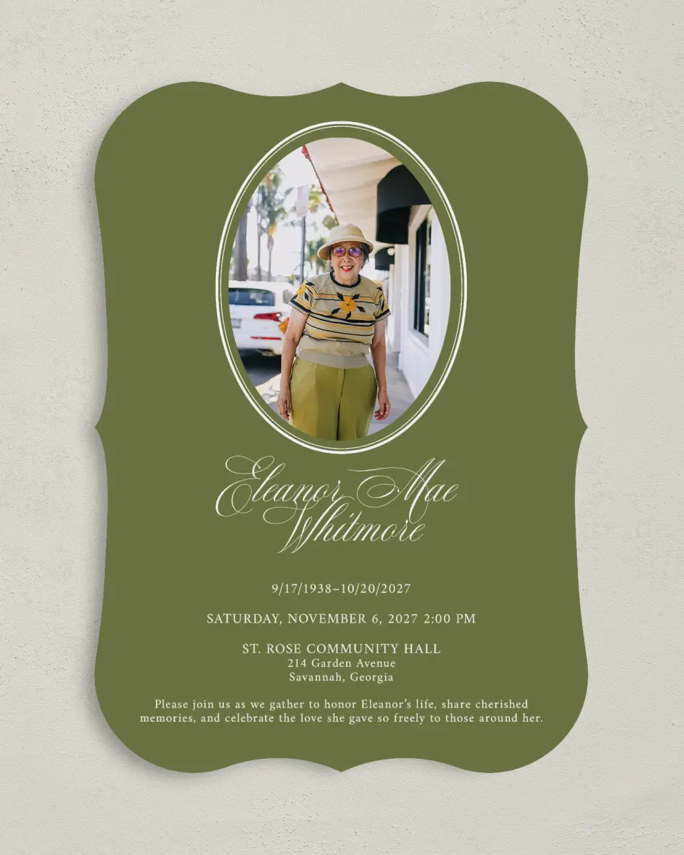 This is a 5" x 7" Celebration of Life Invitation called In Remembrance printed in full color on Premium Smooth paper