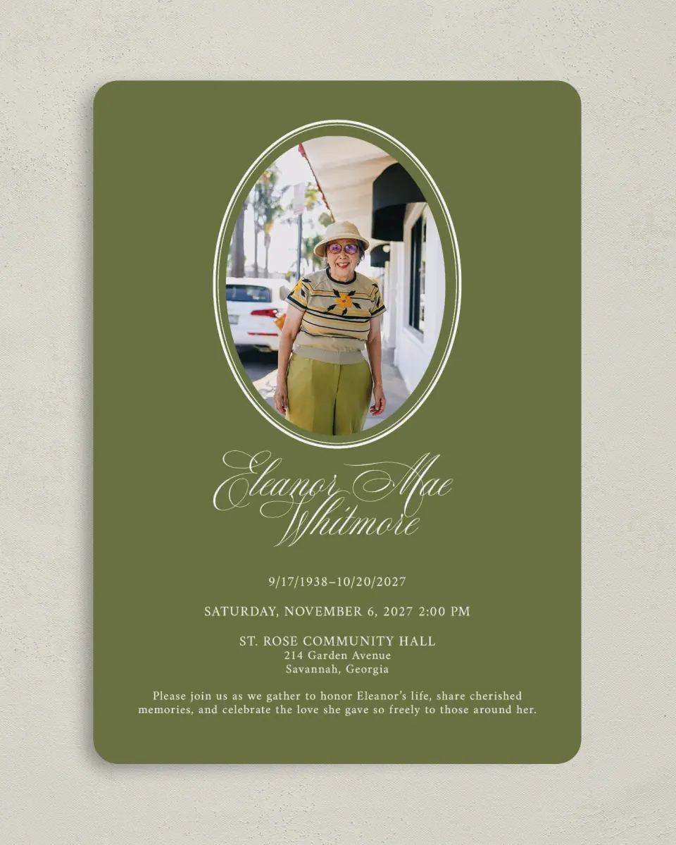 This is a 5" x 7" Celebration of Life Invitation called In Remembrance printed in full color with Rose Gold foil on Luxe Satin (coated) paper