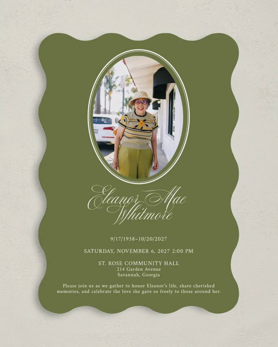 This is a 5" x 7" Celebration of Life Invitation called In Remembrance printed in full color with Rose Gold foil on Luxe Satin (coated) paper