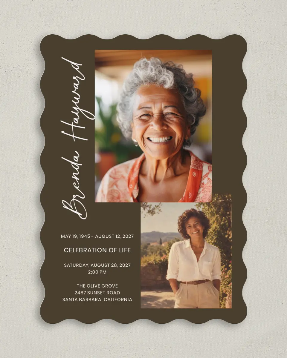 This is a 5" x 7" Celebration of Life Invitation called In Our Hearts printed in full color with Silver foil on Luxe Satin (coated) paper