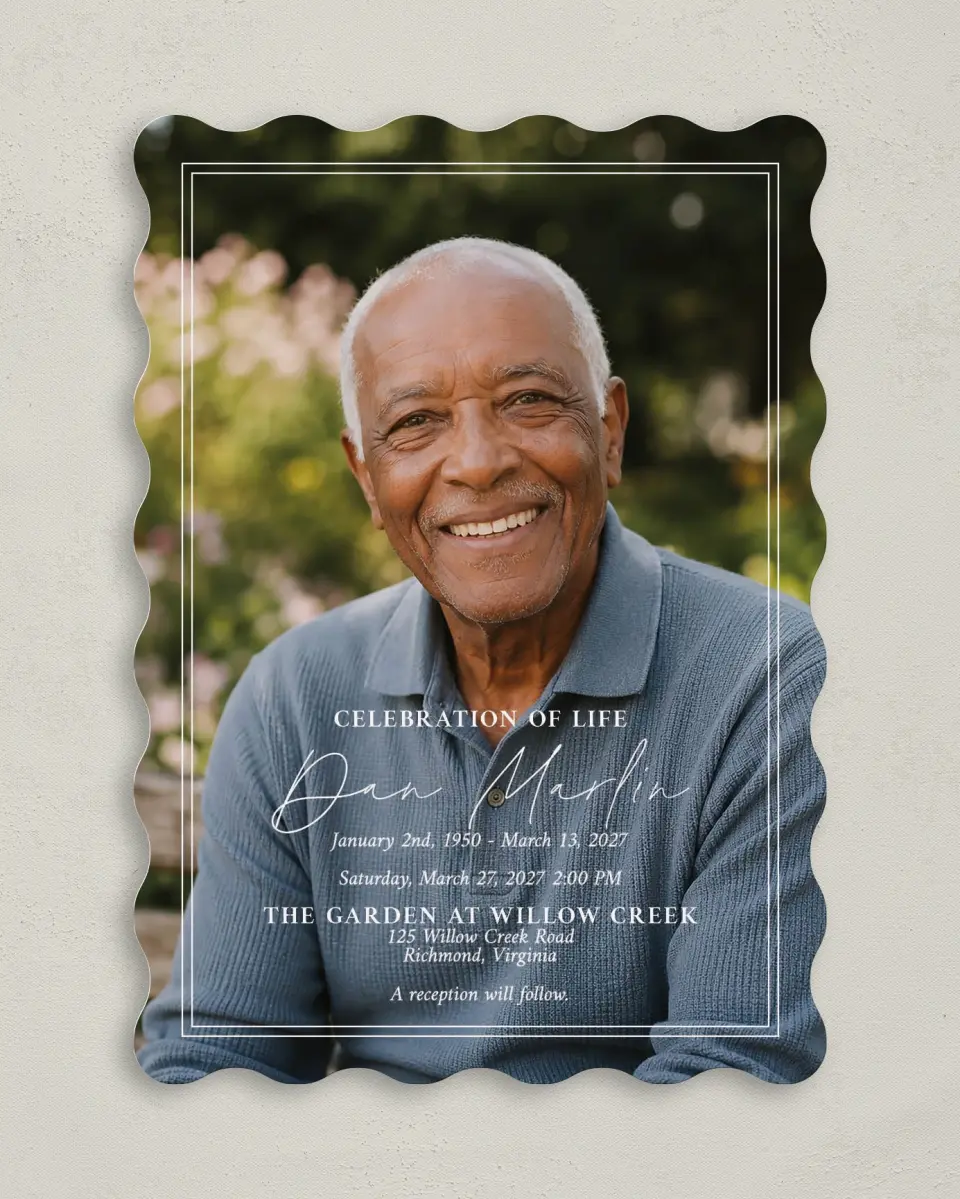 This is a 5" x 7" Celebration of Life Invitation called In Memory printed in full color with Silver foil on Luxe Satin (coated) paper