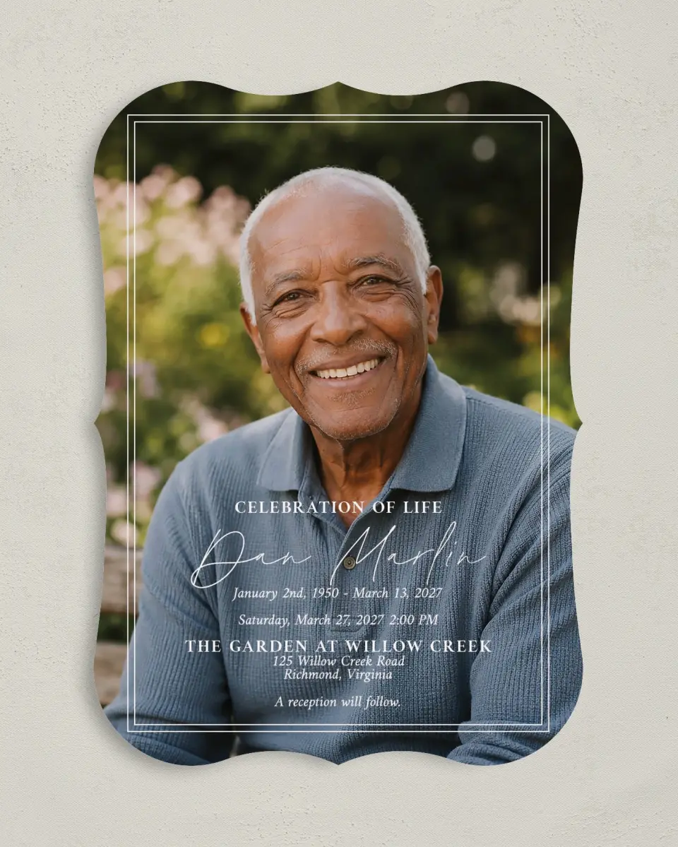 This is a 5" x 7" Celebration of Life Invitation called In Memory printed in full color on Premium Smooth paper