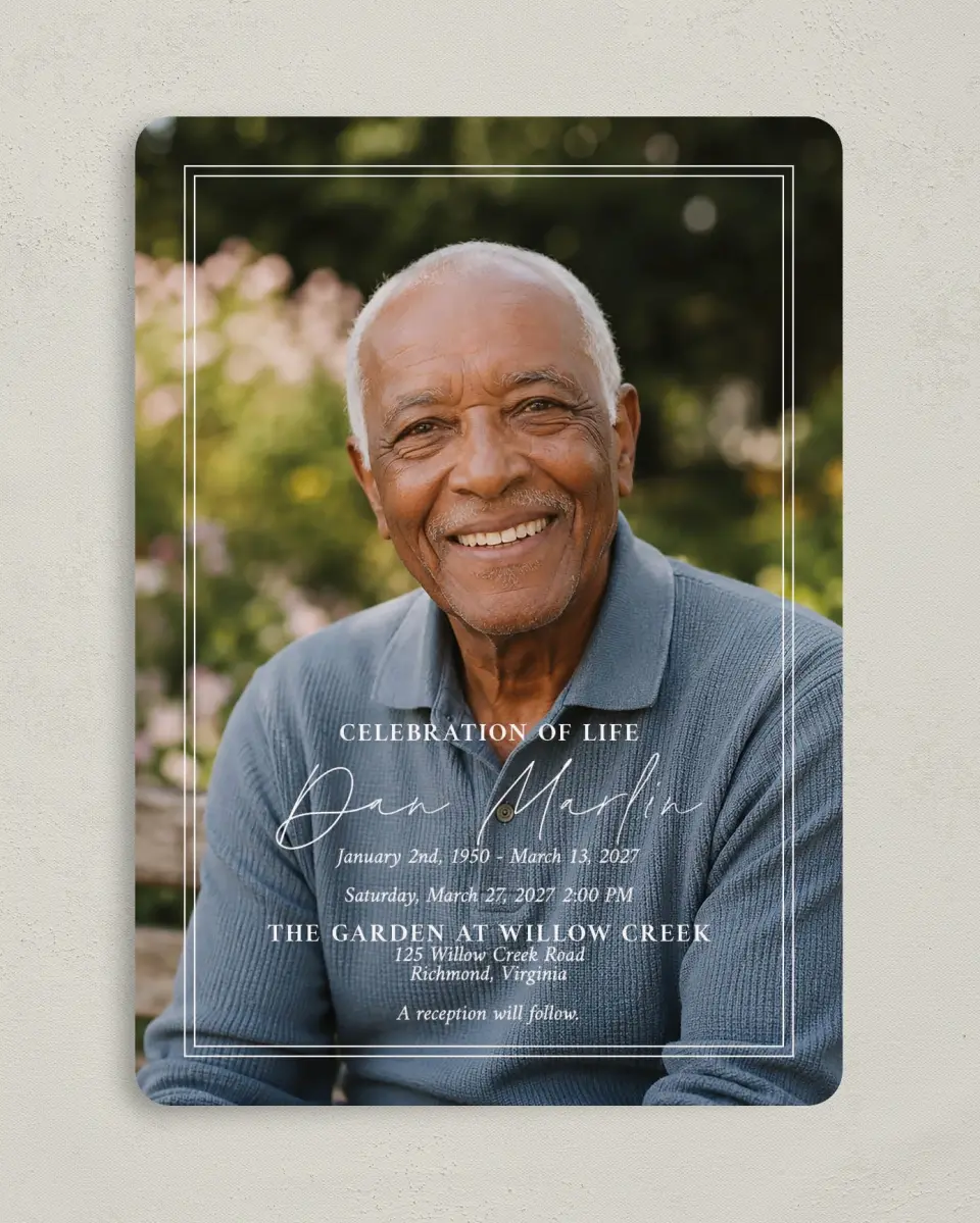 This is a 5" x 7" Celebration of Life Invitation called In Memory printed in full color with Rose Gold foil on Luxe Satin (coated) paper