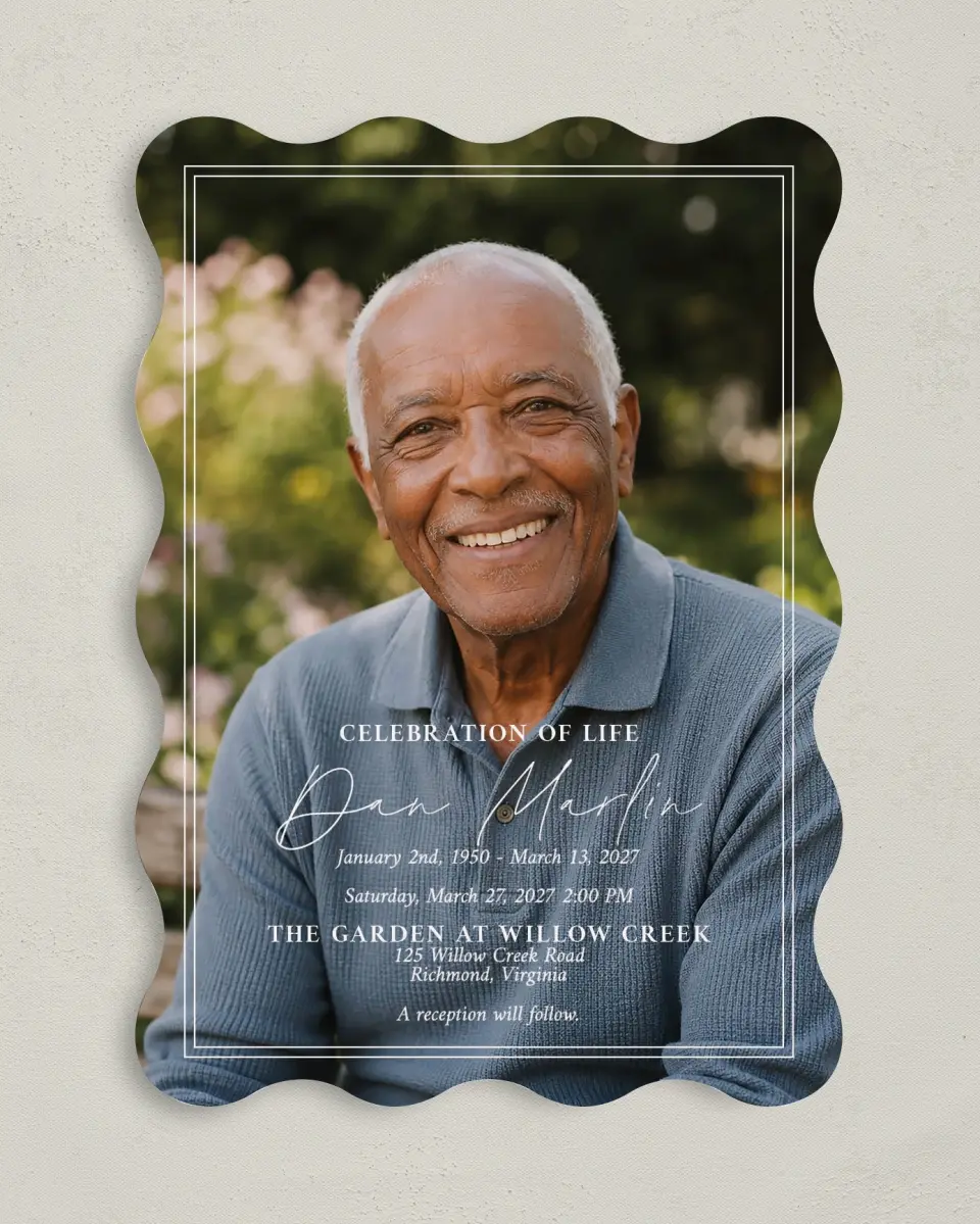 This is a 5" x 7" Celebration of Life Invitation called In Memory printed in full color with Rose Gold foil on Luxe Satin (coated) paper