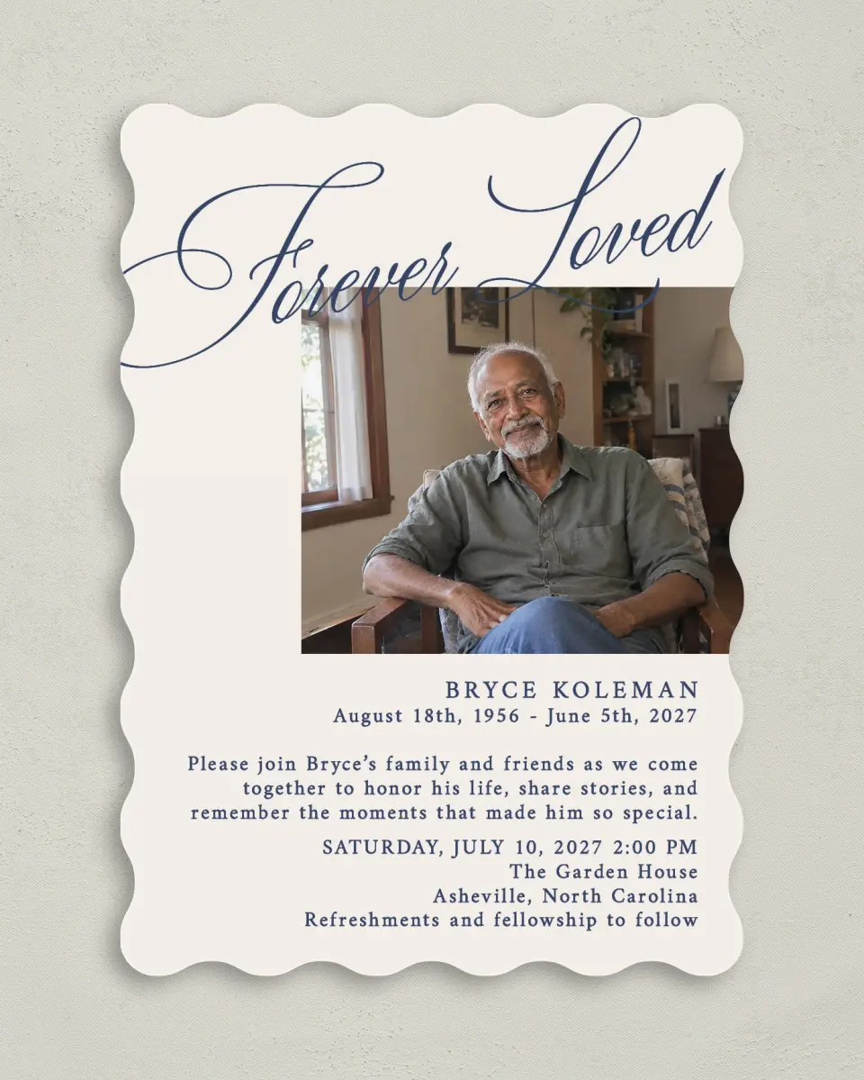 This is a 5" x 7" Celebration of Life Invitation called Forever Loved printed in full color with Silver foil on Luxe Satin (coated) paper