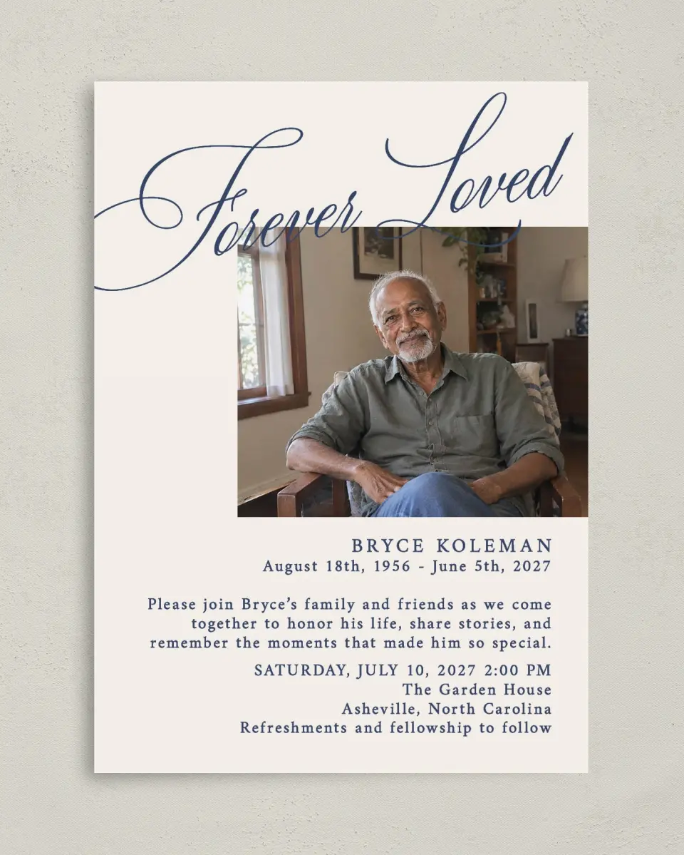 This is a 5" x 7" Celebration of Life Invitation called Forever Loved printed in full color with Gold foil on Luxe Satin (coated) paper
