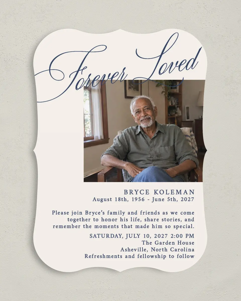 This is a 5" x 7" Celebration of Life Invitation called Forever Loved printed in full color on Premium Smooth paper