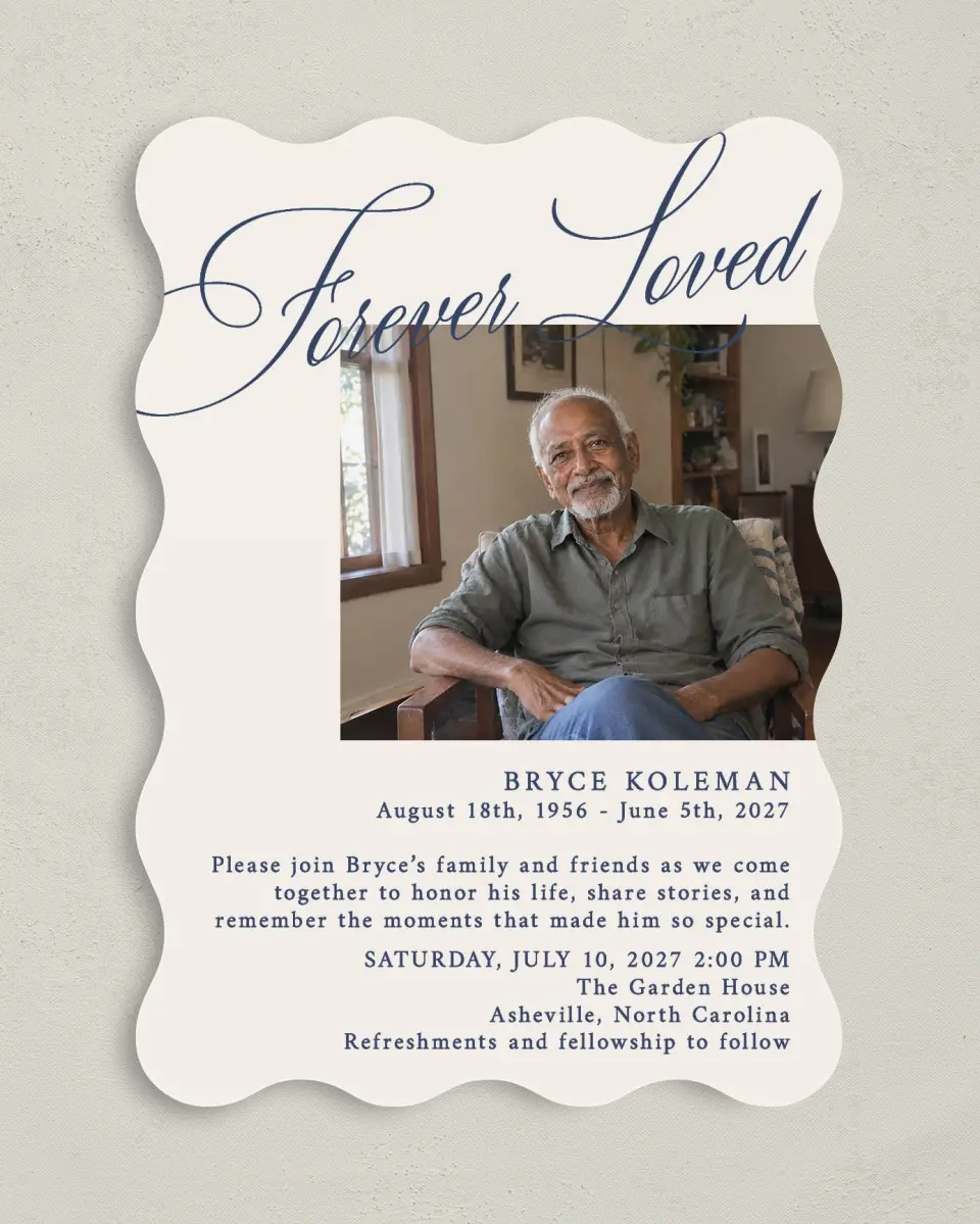 This is a 5" x 7" Celebration of Life Invitation called Forever Loved printed in full color with Rose Gold foil on Luxe Satin (coated) paper