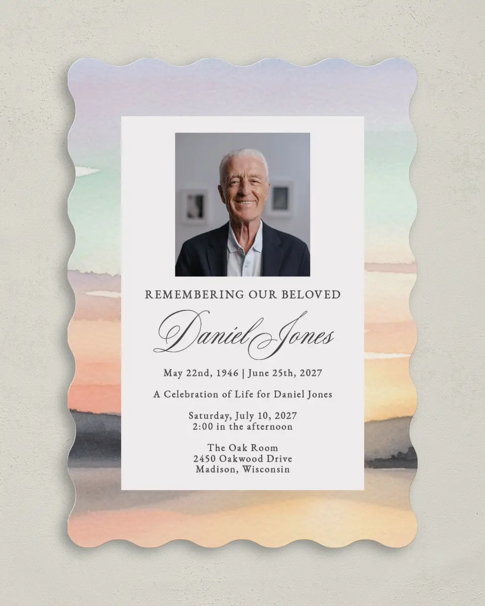 This is a 5" x 7" Celebration of Life Invitation called Our Beloved printed in full color with Gold foil on Luxe Satin (coated) paper