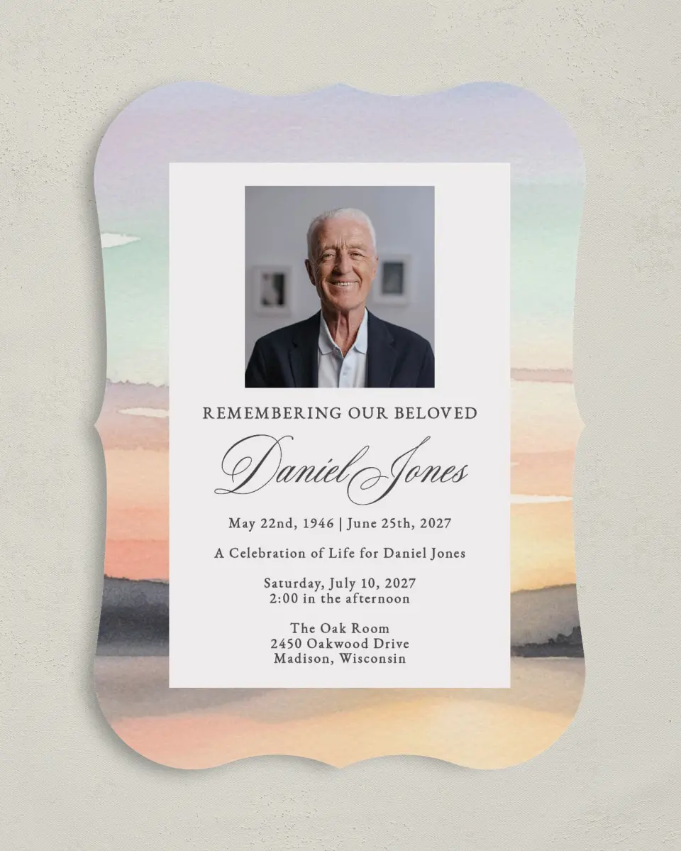 This is a 5" x 7" Celebration of Life Invitation called Our Beloved printed in full color on Premium Smooth paper