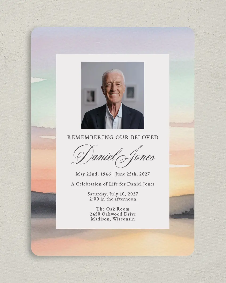 This is a 5" x 7" Celebration of Life Invitation called Our Beloved printed in full color with Rose Gold foil on Luxe Satin (coated) paper