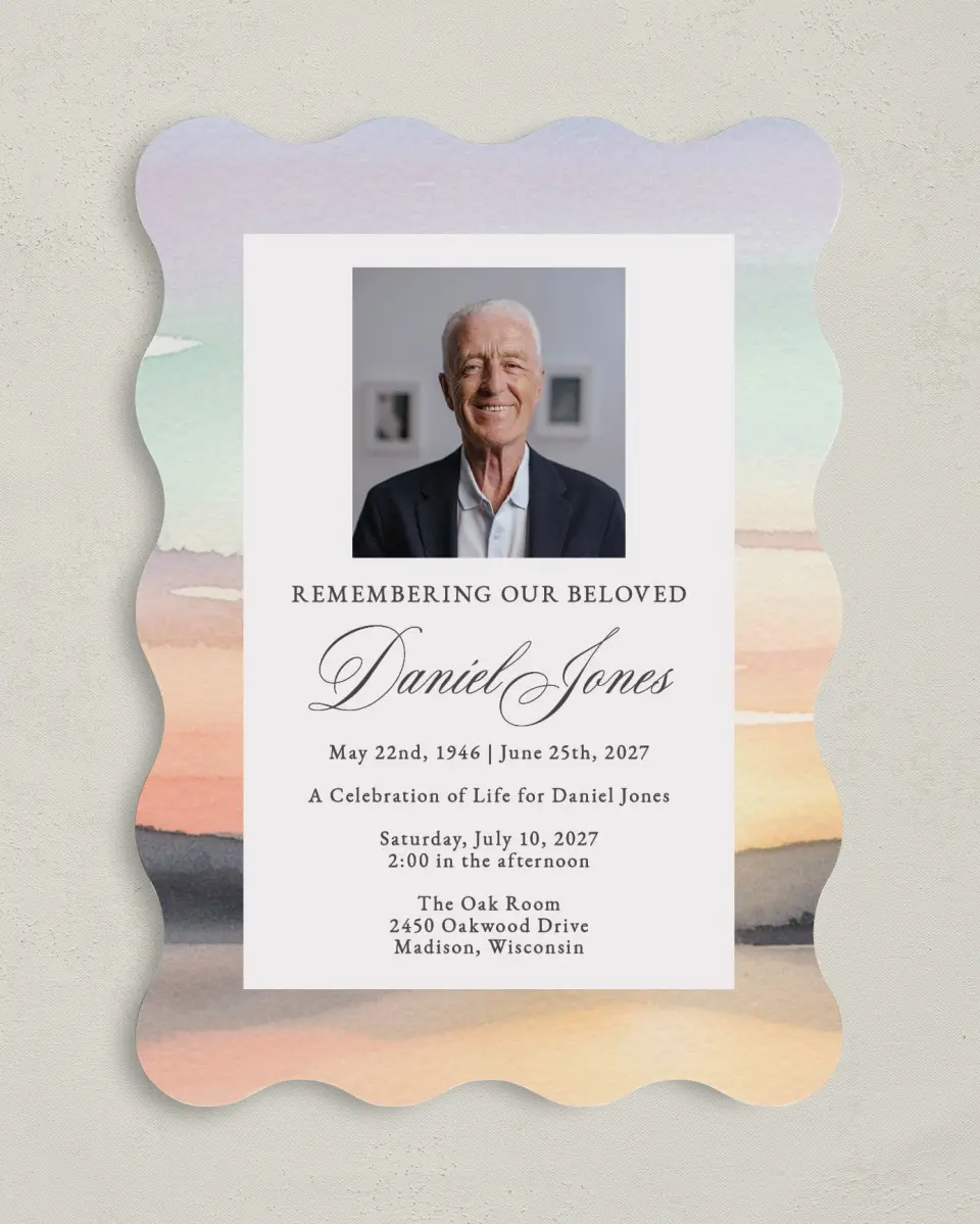 This is a 5" x 7" Celebration of Life Invitation called Our Beloved printed in full color with Rose Gold foil on Luxe Satin (coated) paper