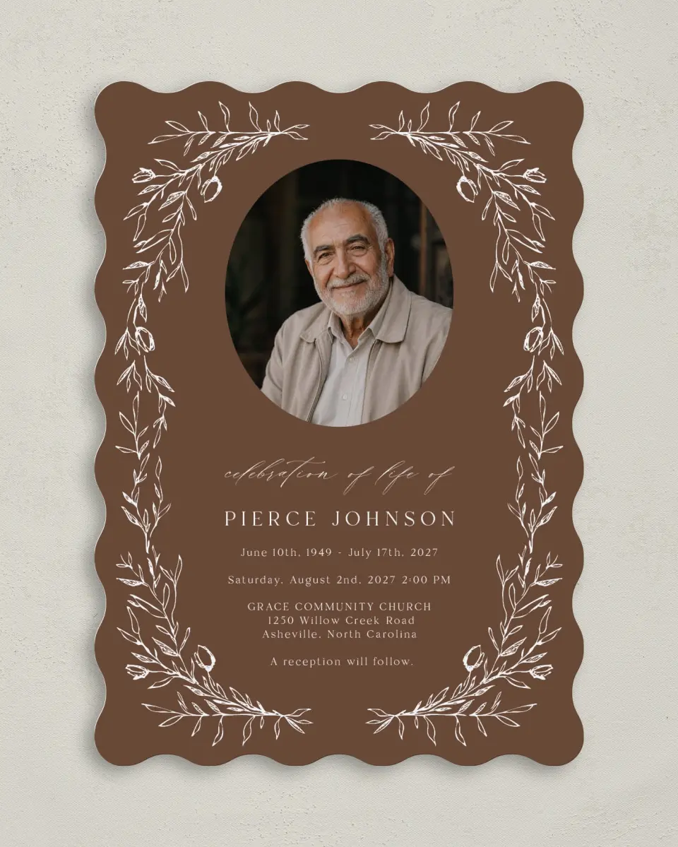 This is a 5" x 7" Celebration of Life Invitation called With Loving Memory printed in full color with Rose Gold foil on Luxe Satin (coated) paper