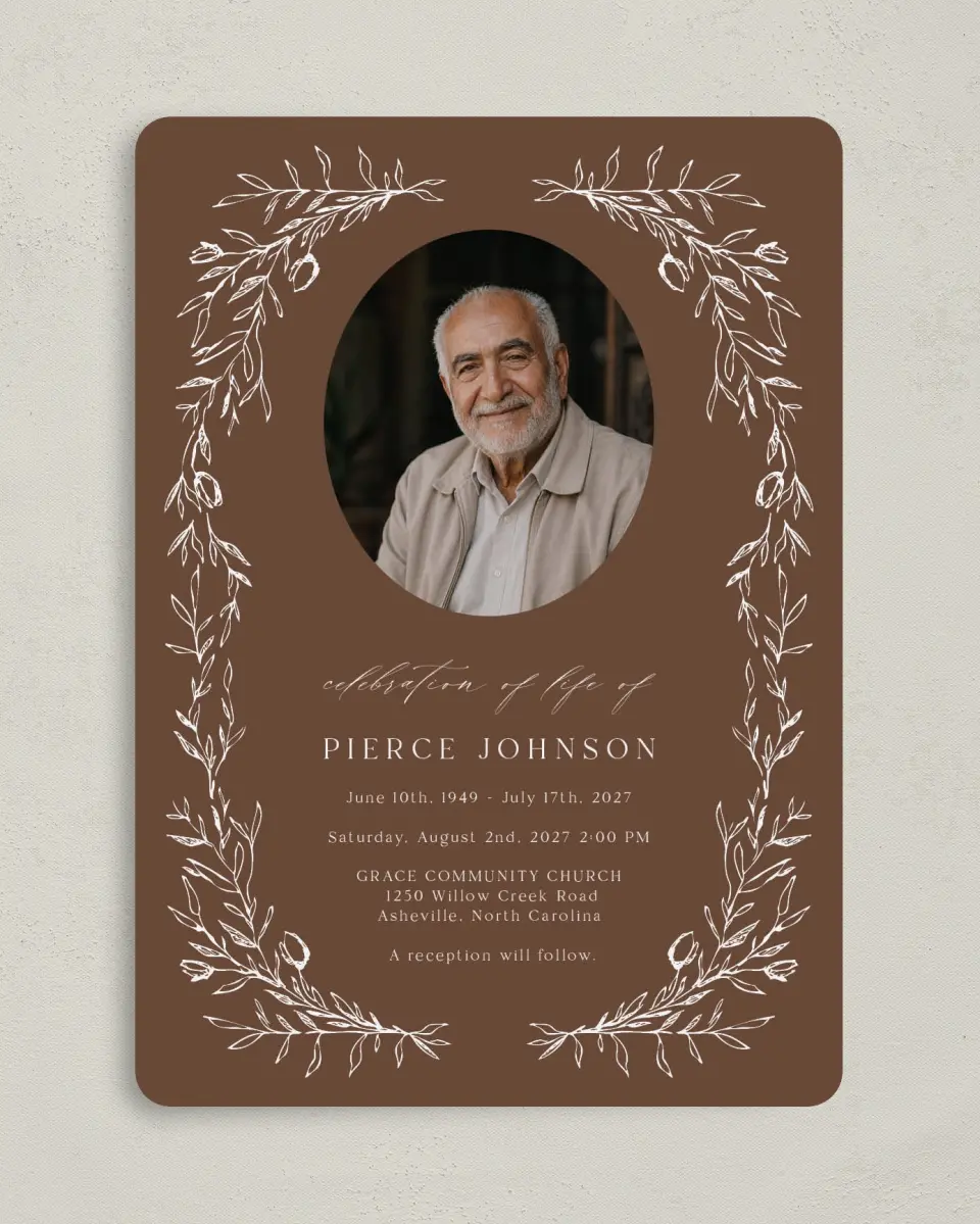 This is a 5" x 7" Celebration of Life Invitation called With Loving Memory printed in full color with Rose Gold foil on Luxe Satin (coated) paper