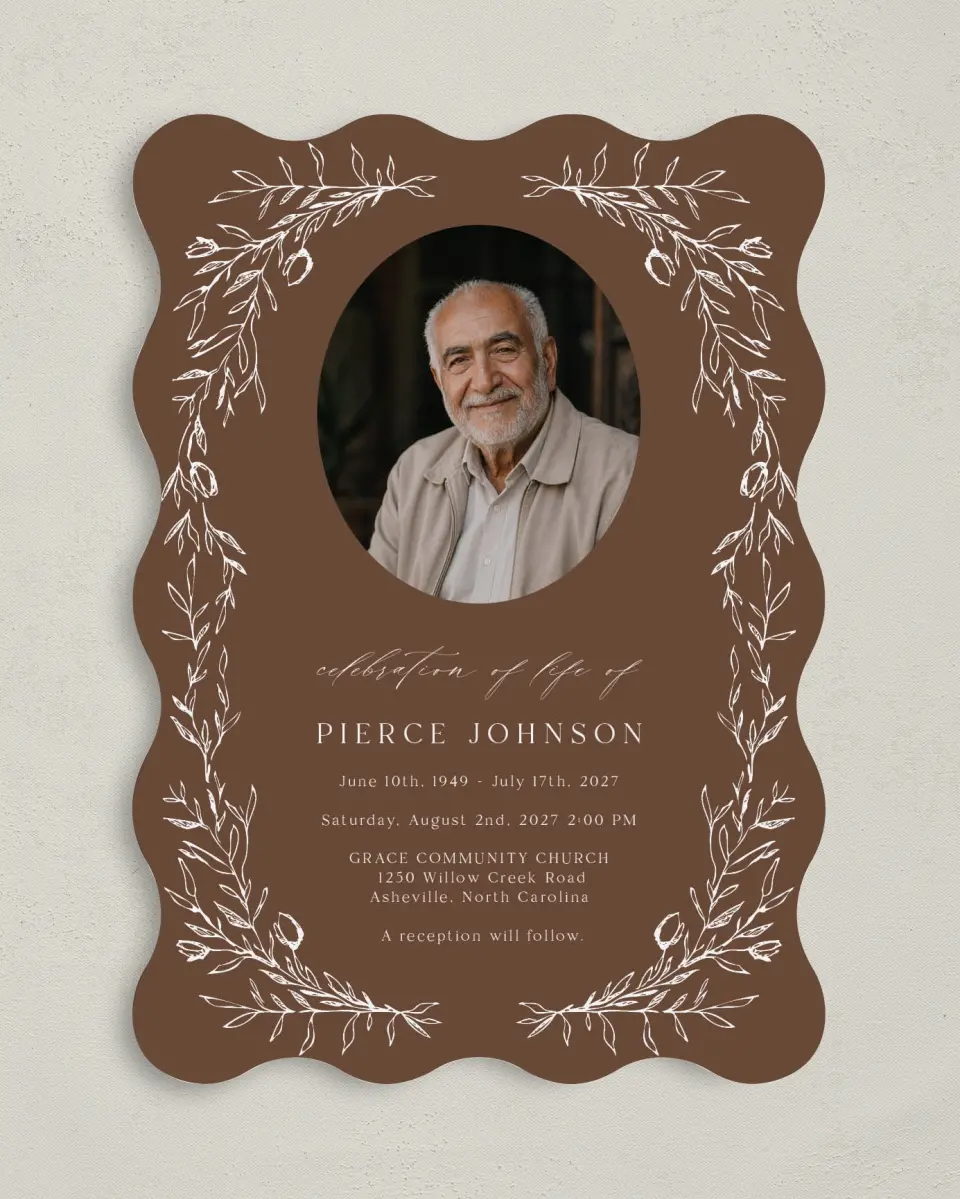 This is a 5" x 7" Celebration of Life Invitation called With Loving Memory printed in full color with Rose Gold foil on Luxe Satin (coated) paper
