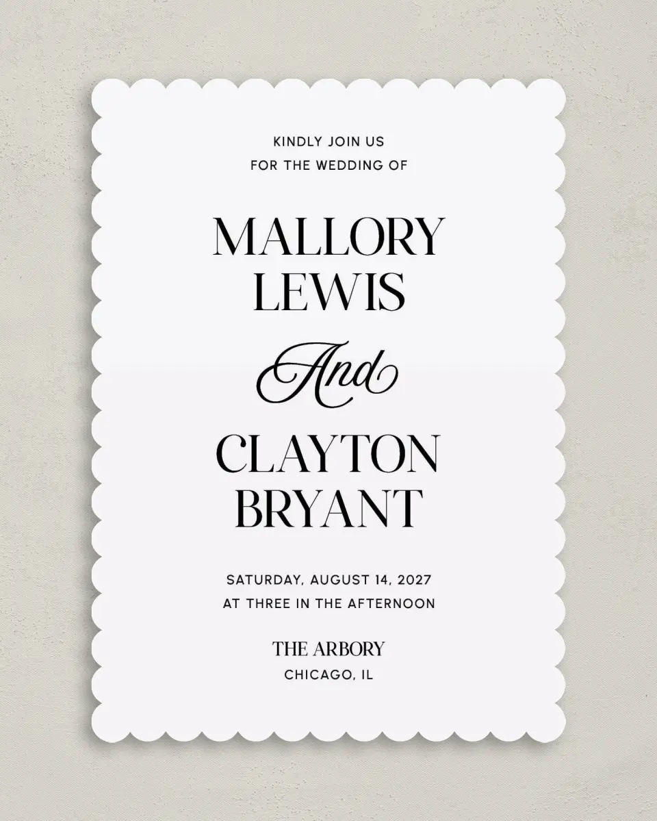 This is a 5" x 7" Classic Wedding Invitation called The Mallory printed in full color with Gold foil on Luxe Satin (coated) paper