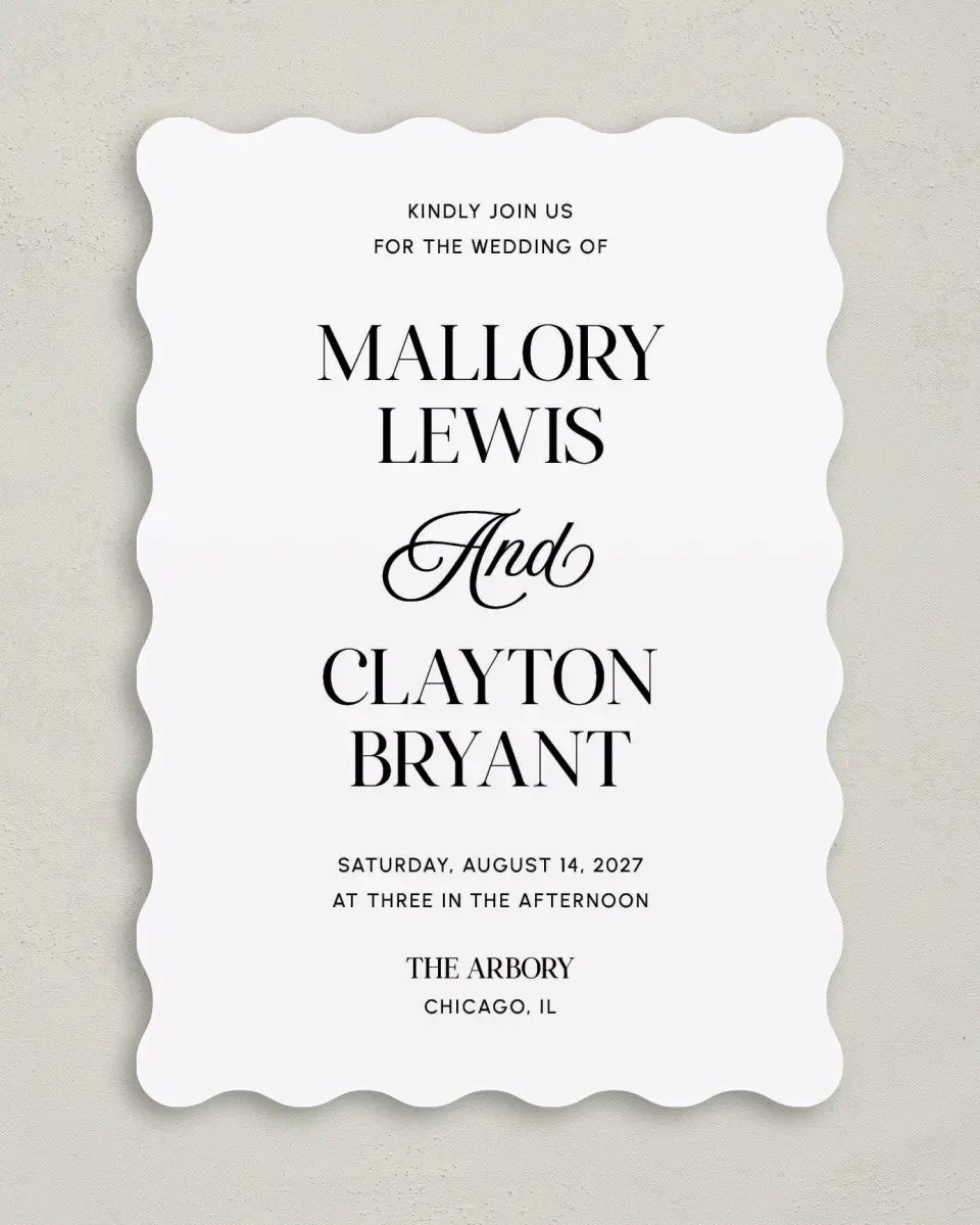 This is a 5" x 7" Wavy Wedding Invitation called The Mallory printed in full color on Premium Smooth paper