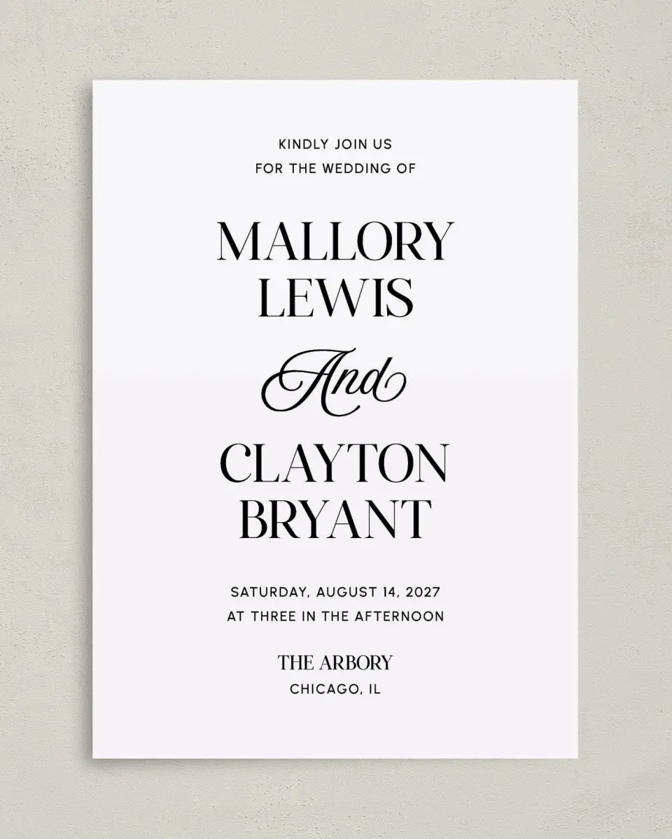This is a 5" x 7" Classic Wedding Invitation called The Mallory printed in full color with Gold foil on Luxe Satin (coated) paper