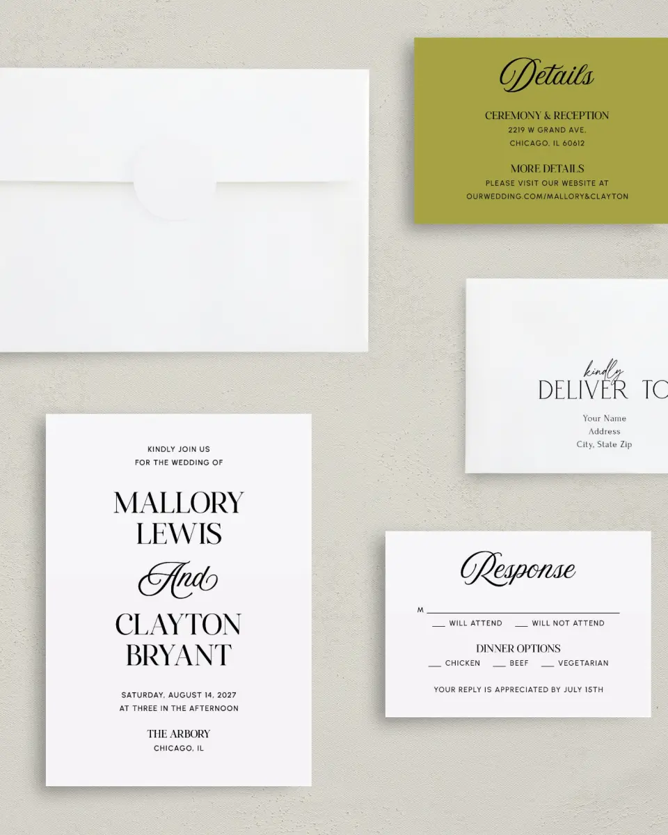 This is a 5" x 7" Classic Wedding Invitation called The Mallory printed in full color with Gold foil on Luxe Satin (coated) paper