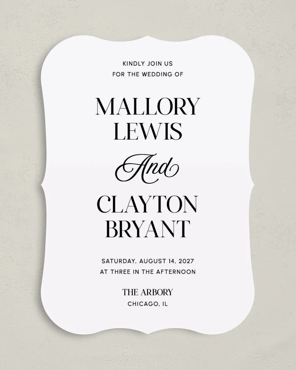 This is a 5" x 7" Bracket Wedding Invitation called The Mallory printed in full color on Premium Smooth paper