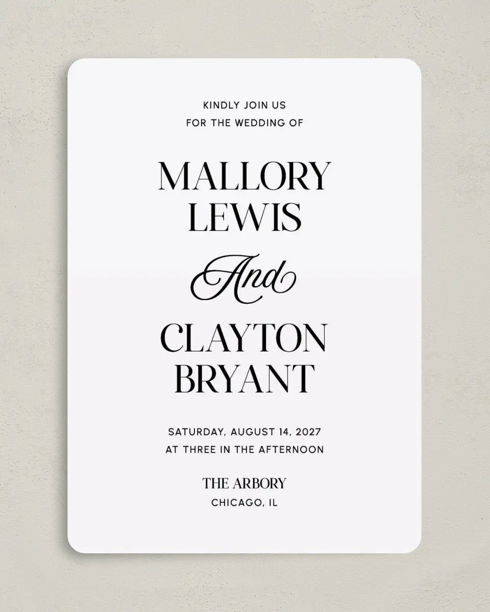 This is a 5" x 7" Rounded Wedding Invitation called The Mallory printed in full color on Premium Smooth paper