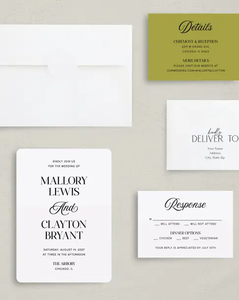 This is a 5" x 7" Rounded Wedding Invitation called The Mallory printed in full color on Premium Smooth paper