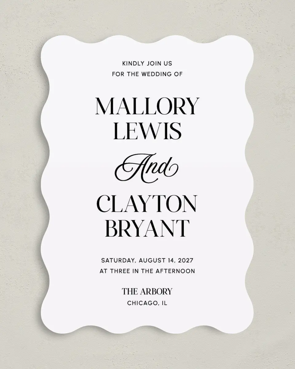 This is a 5" x 7" Wavy Wedding Invitation called The Mallory printed in full color on Premium Smooth paper