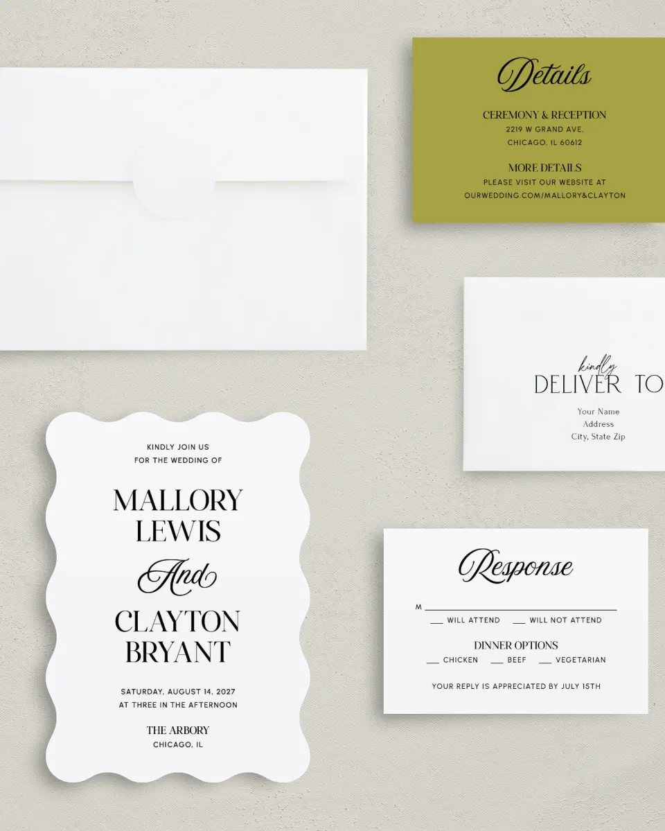 This is a 5" x 7" Wavy Wedding Invitation called The Mallory printed in full color with Gold foil on Luxe Satin (coated) paper