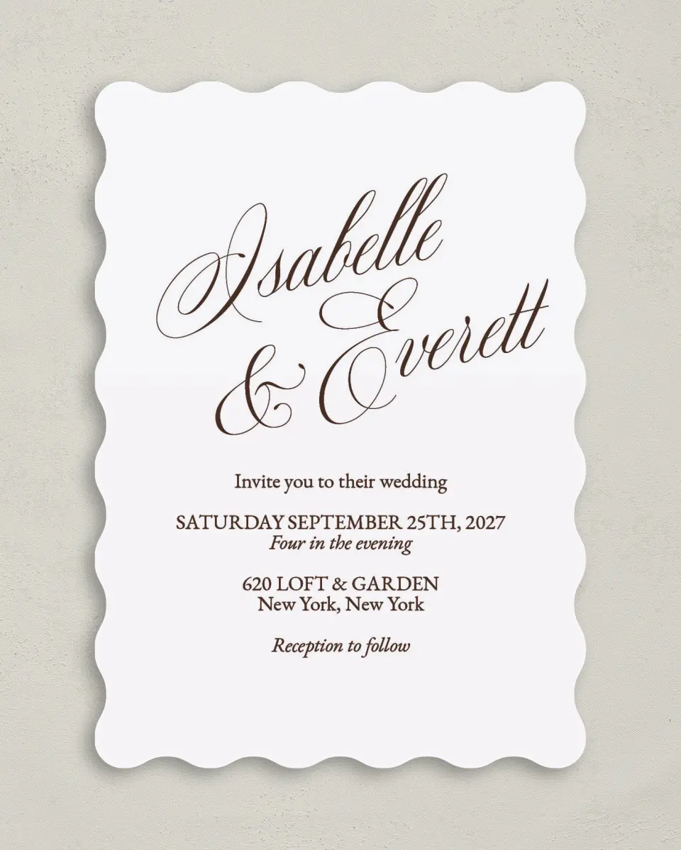 This is a 5" x 7" Wavy Wedding Invitation called The Isabelle printed in full color on Premium Smooth paper