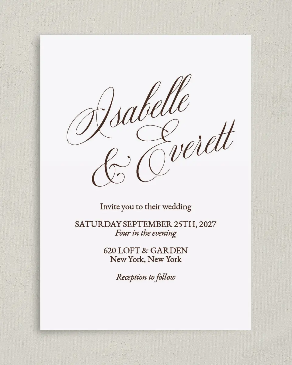 This is a 5" x 7" Classic Wedding Invitation called The Isabelle printed in full color on Premium Smooth paper