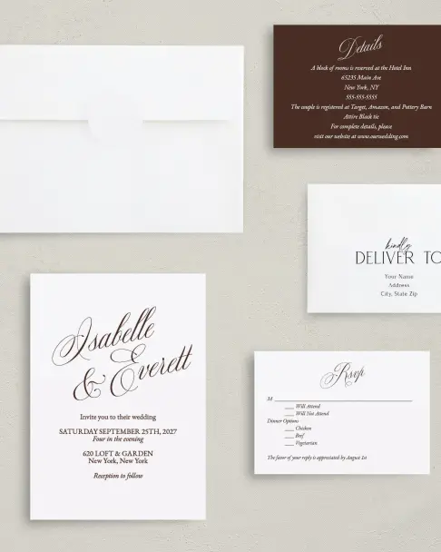 This is a 5" x 7" Classic Wedding Invitation called The Isabelle printed in full color on Premium Smooth paper
