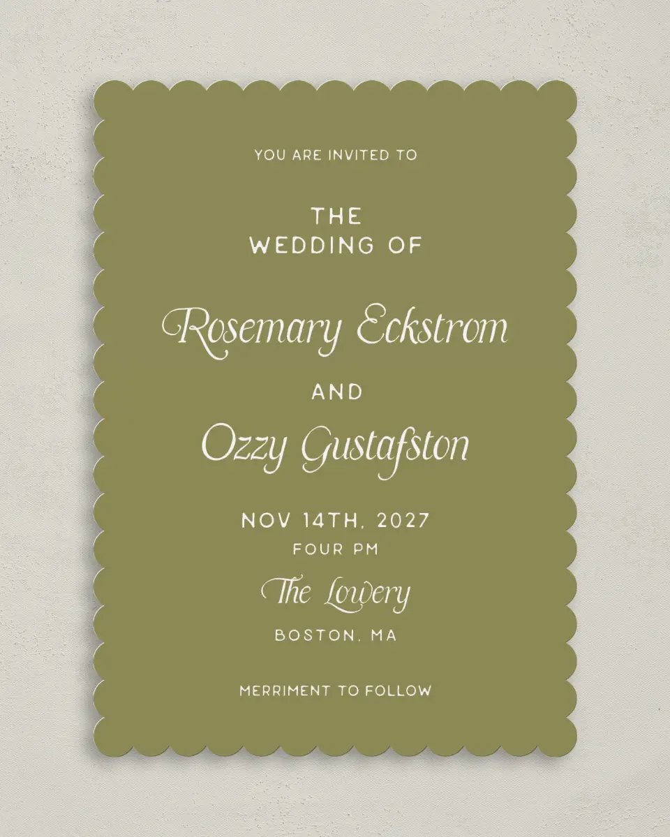 This is a 5" x 7" Classic Wedding Invitation called The Rosemary printed in full color with Gold foil on Premium Smooth paper