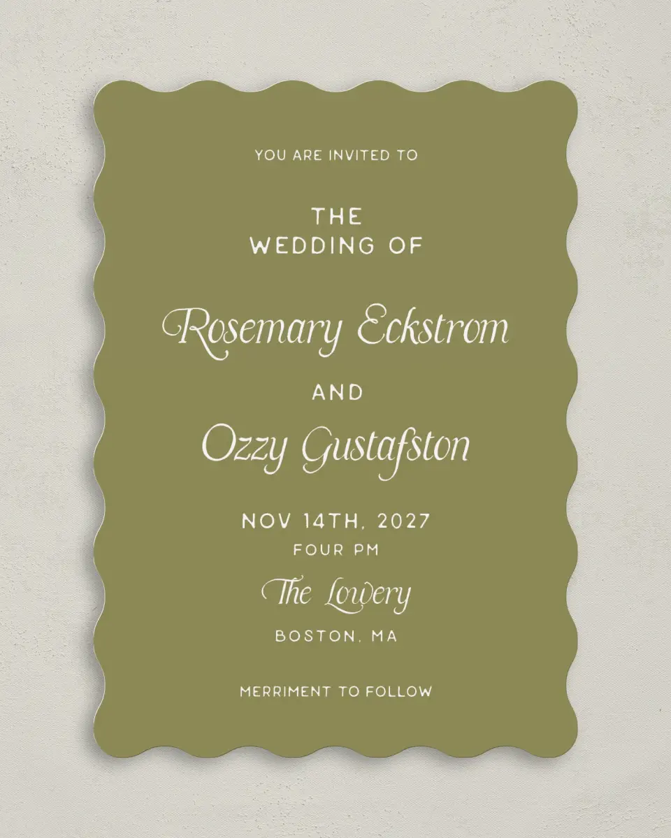 This is a 5" x 7" Wavy Wedding Invitation called The Rosemary printed in full color on Premium Smooth paper