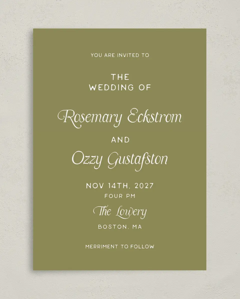 This is a 5" x 7" Classic Wedding Invitation called The Rosemary printed in full color with Silver foil on Luxe Satin (coated) paper