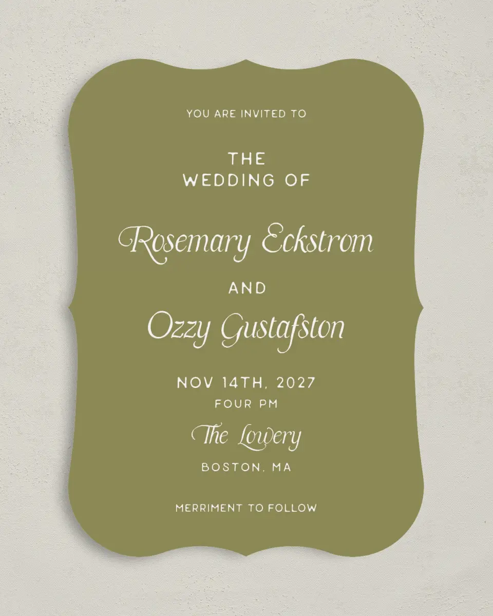 This is a 5" x 7" Bracket Wedding Invitation called The Rosemary printed in full color on Premium Smooth paper