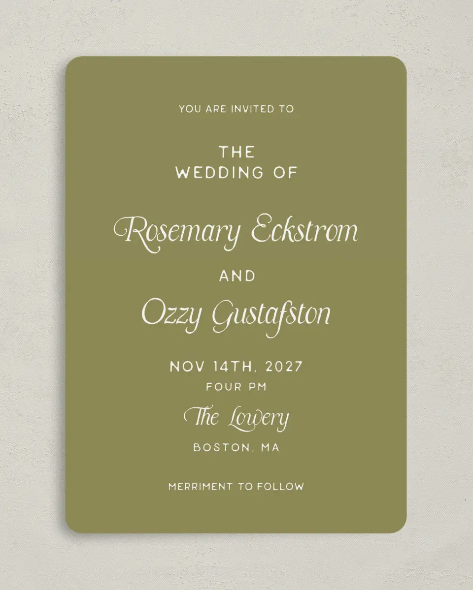 This is a 5" x 7" Rounded Wedding Invitation called The Rosemary printed in full color with Silver foil on Luxe Satin (coated) paper