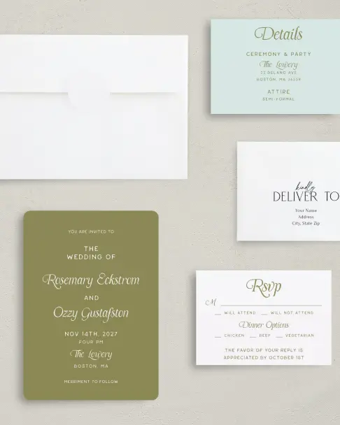 This is a 5" x 7" Rounded Wedding Invitation called The Rosemary printed in full color on Premium Smooth paper