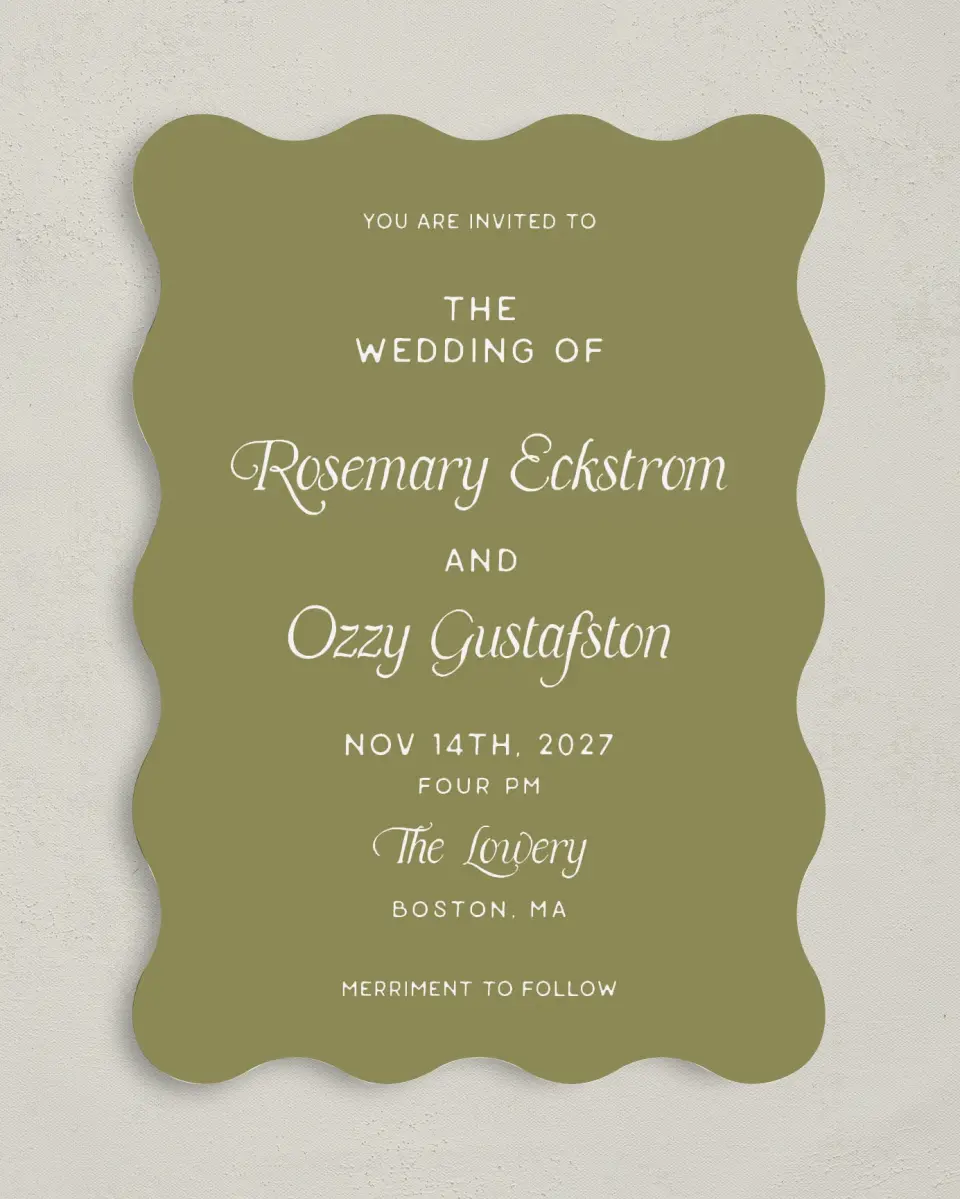 This is a 5" x 7" Wavy Wedding Invitation called The Rosemary printed in full color on Premium Smooth paper