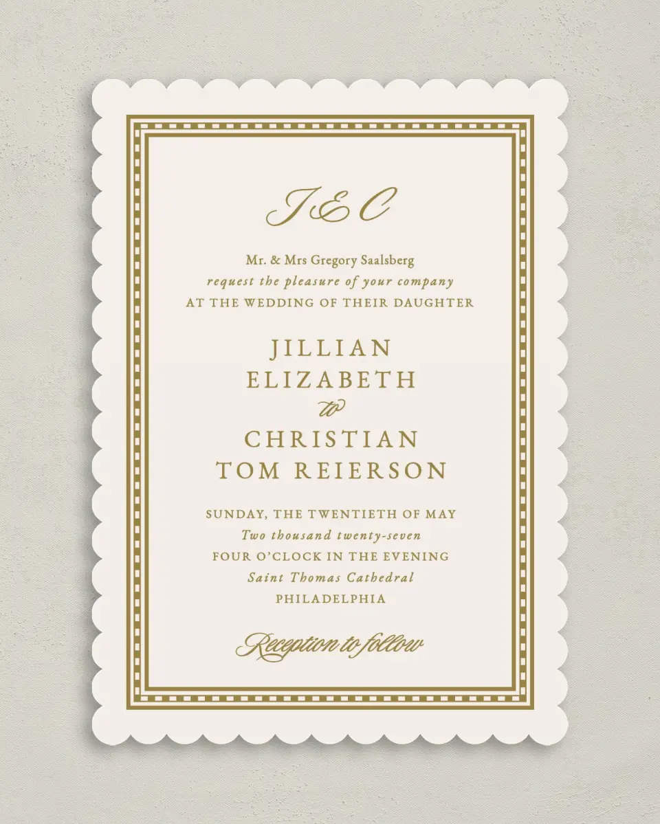 This is a 5" x 7" Classic Wedding Invitation called The Jillian printed in full color with Gold foil on Luxe Satin (coated) paper