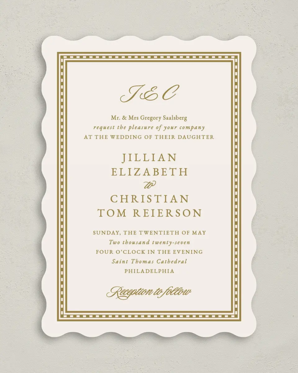 This is a 5" x 7" Wavy Wedding Invitation called The Jillian printed in full color on Premium Smooth paper