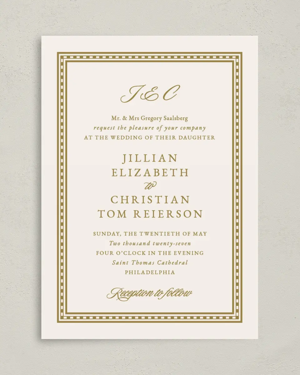 This is a 5" x 7" Classic Wedding Invitation called The Jillian printed in full color on Premium Smooth paper