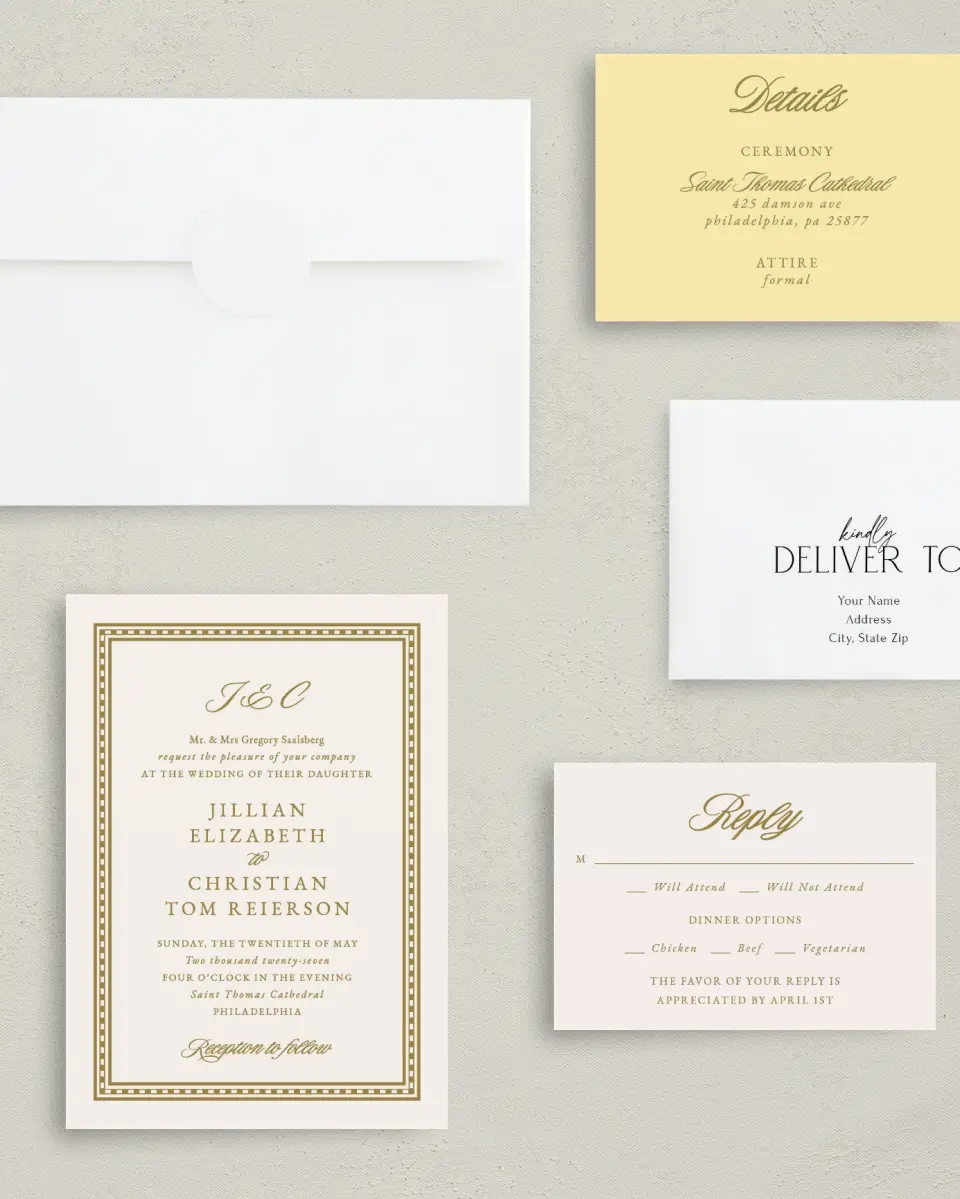 This is a 5" x 7" Classic Wedding Invitation called The Jillian printed in full color with Silver foil on Luxe Satin (coated) paper