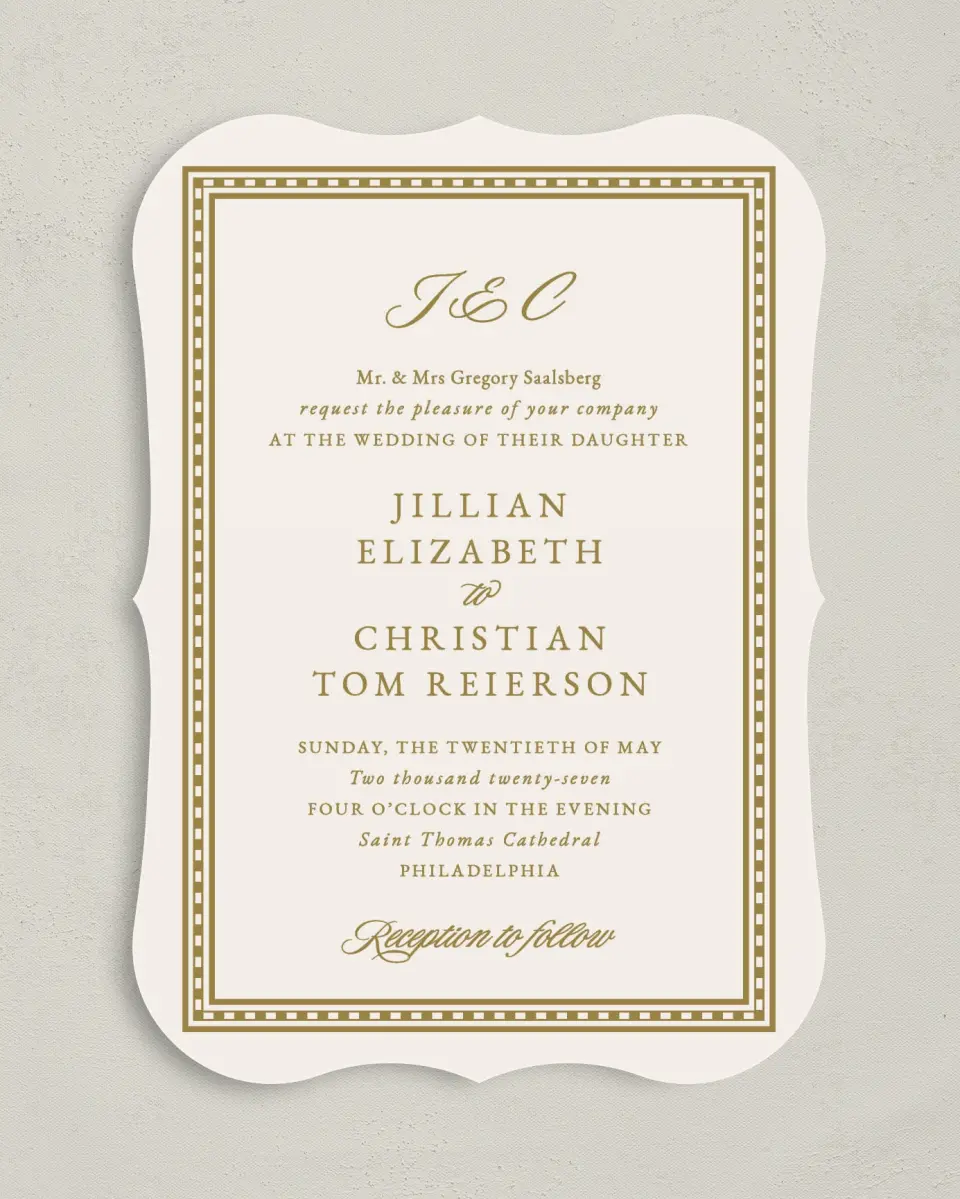 This is a 5" x 7" Bracket Wedding Invitation called The Jillian printed in full color on Premium Smooth paper