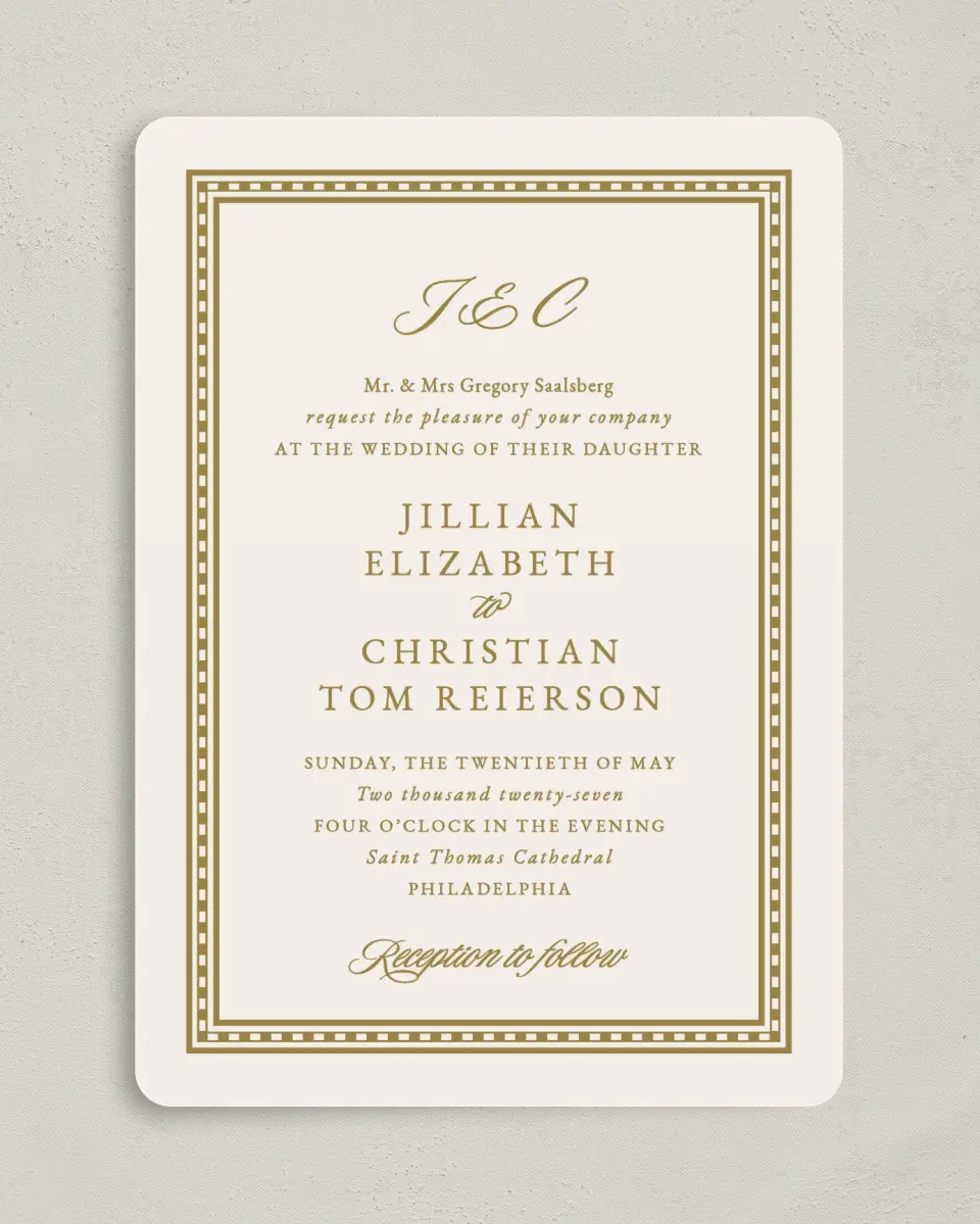 This is a 5" x 7" Rounded Wedding Invitation called The Jillian printed in full color on Premium Smooth paper