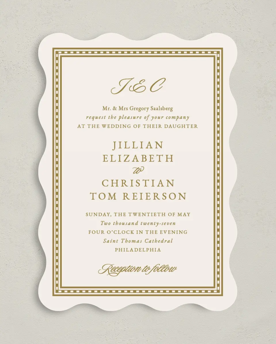 This is a 5" x 7" Wavy Wedding Invitation called The Jillian printed in full color on Premium Smooth paper