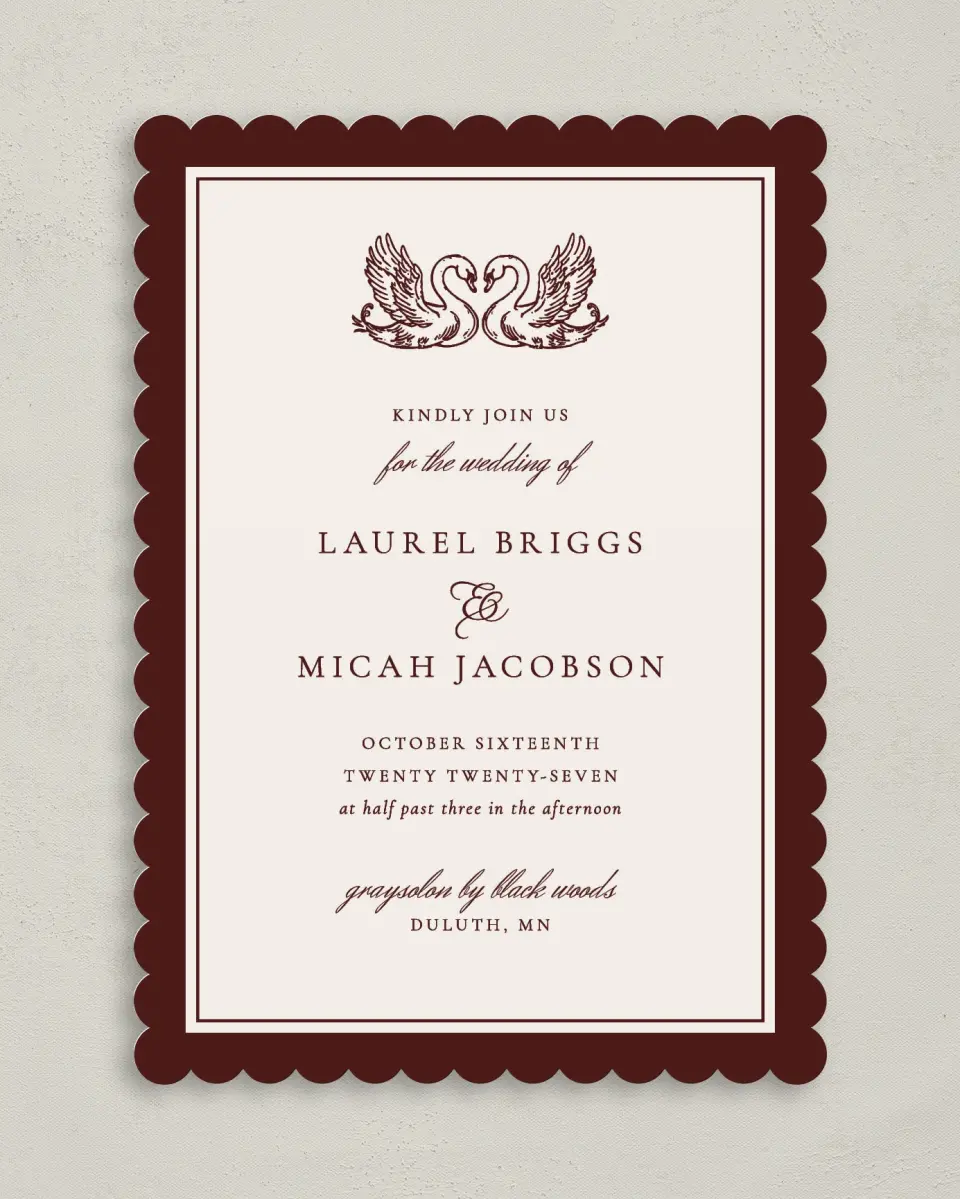 This is a 5" x 7" Classic Wedding Invitation called Swan Song printed in full color with Gold foil on Premium Smooth paper